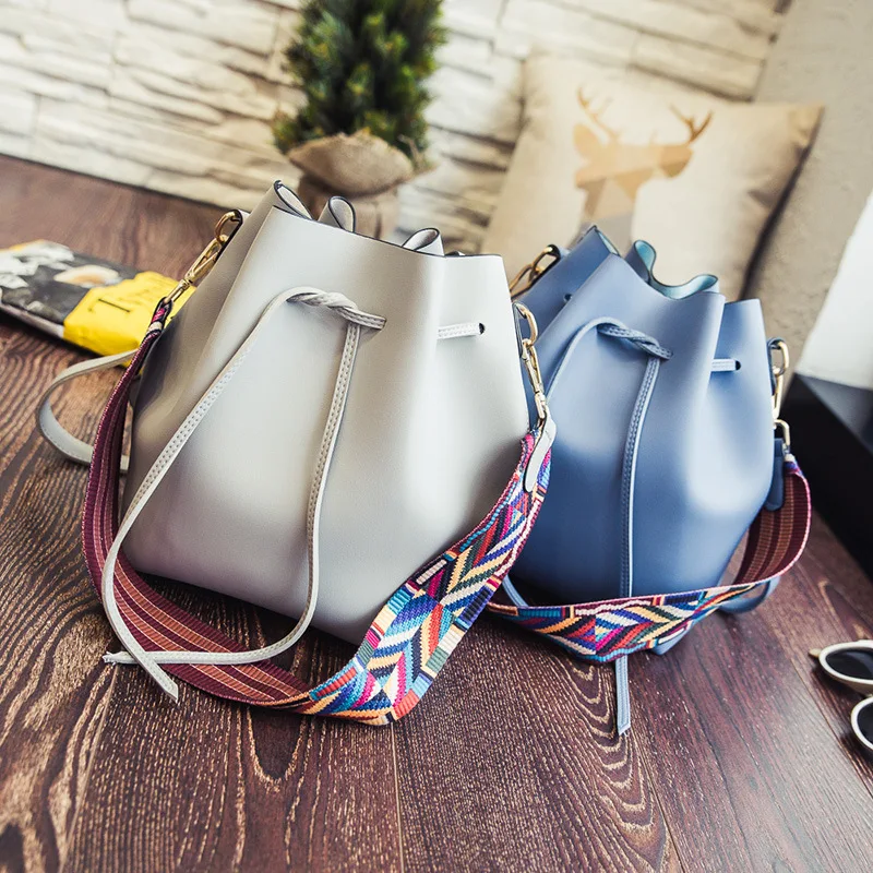 

Womens Coloured Ribbon Single Shoulder Bag Drawstring Leather Shoulder Bucket Bag, As shown