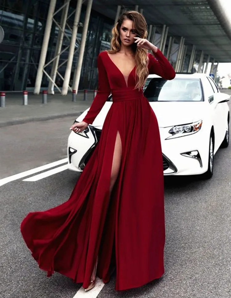 Colorful Long Sleeve Deep V-neck Floor Length Sexy Bare Back Gown ...