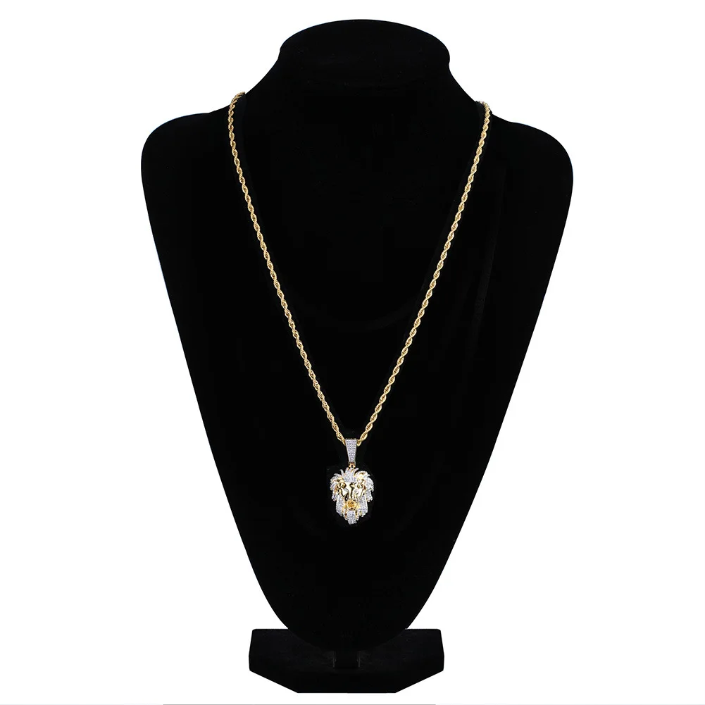 Real Gold Plated Zircon Lion Head Hiphop Men's Hanging Necklace