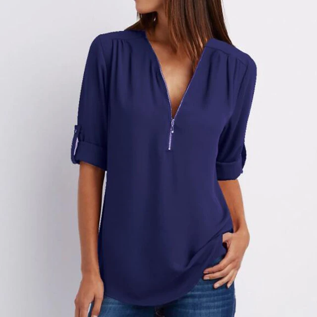 

Hot Sell V-neck zipper extra large size women's long sleeve loose chiffon shirt