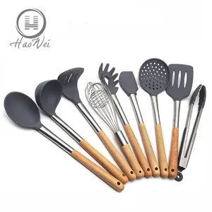 Image of Amazon hot selling 9 pcs stainless steel wood silicone Kitchenware cooking Utensil Set