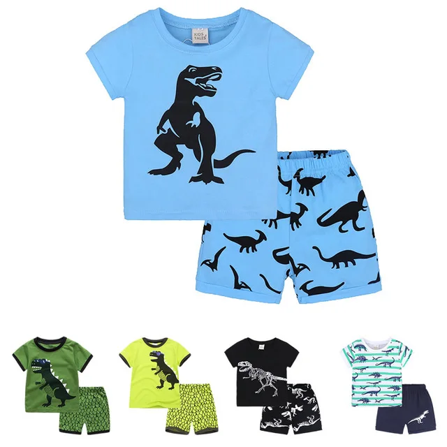 

Boys Summer Dinosaur Print Sets Kids Cotton Solid Color Short Sleeves T Shirt Tops Cartoon Pattern Tee Floral Shorts Clothing, Picture show