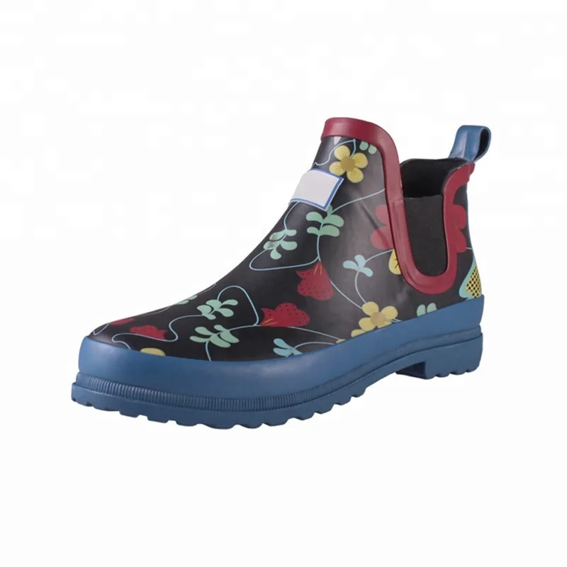 

Hot sale top quality spring winter custom floral printed slip-on ankle style rubber rain boots shoes for women, Custom color