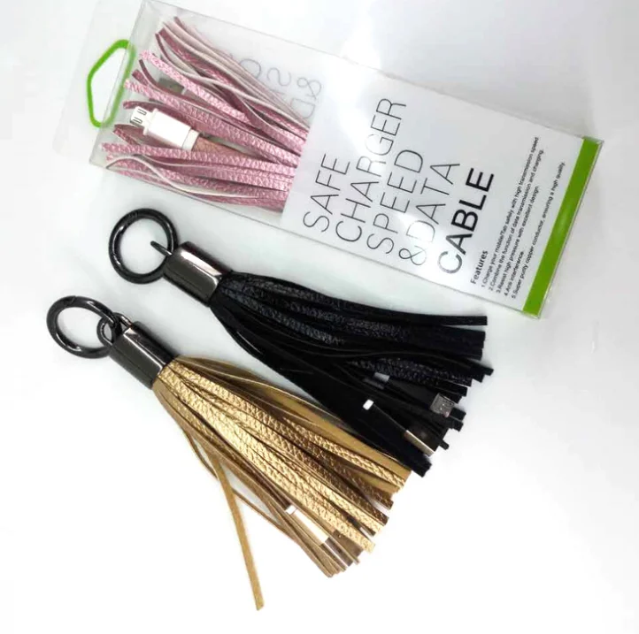

High quality 2 in 1 Cable Pu Genuine Leather Tassels Keychain Usb Charger Cable, Black, white,gold,blue,pink,red