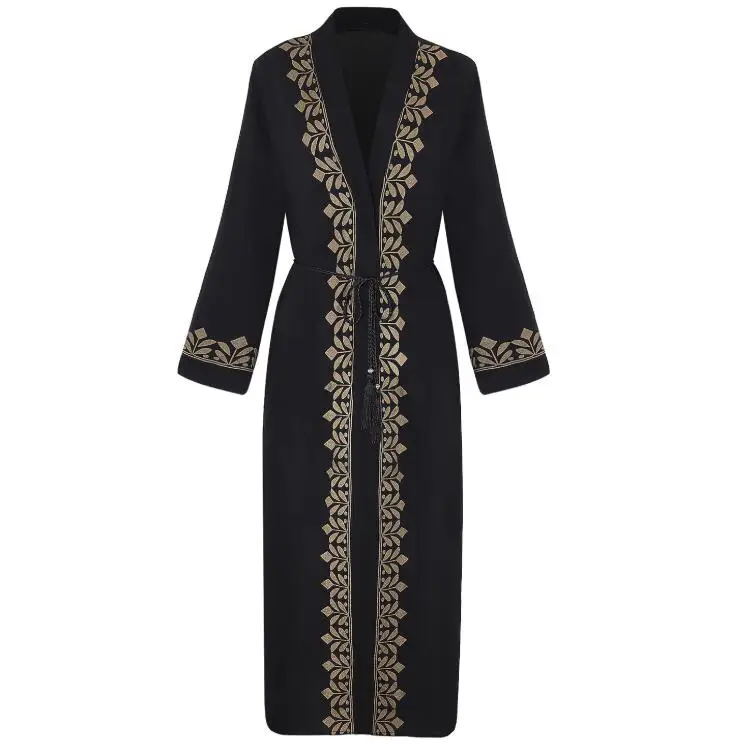 

open cardigan gilding placket embroidery muslim abaya, Black