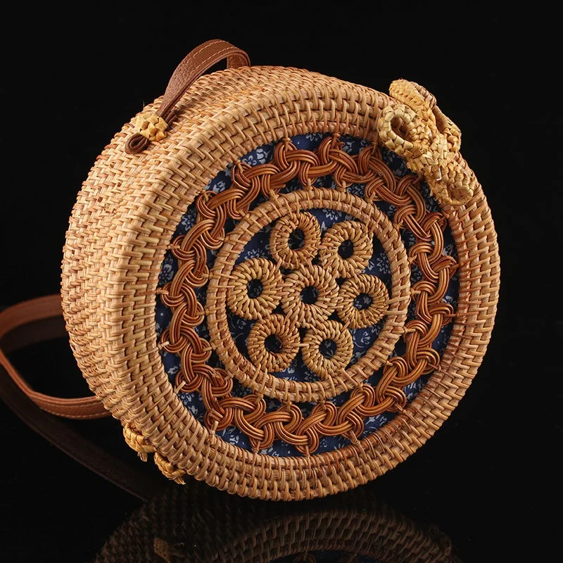 

2021 Fashion Women Summer Bohemia Handbag Bali Rattan Bag Handmade Woven Beach Cross Body Round Straw Bags