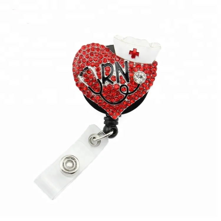 

Red Rhinestones Heart Stethoscope Medical RN retractable badge holder