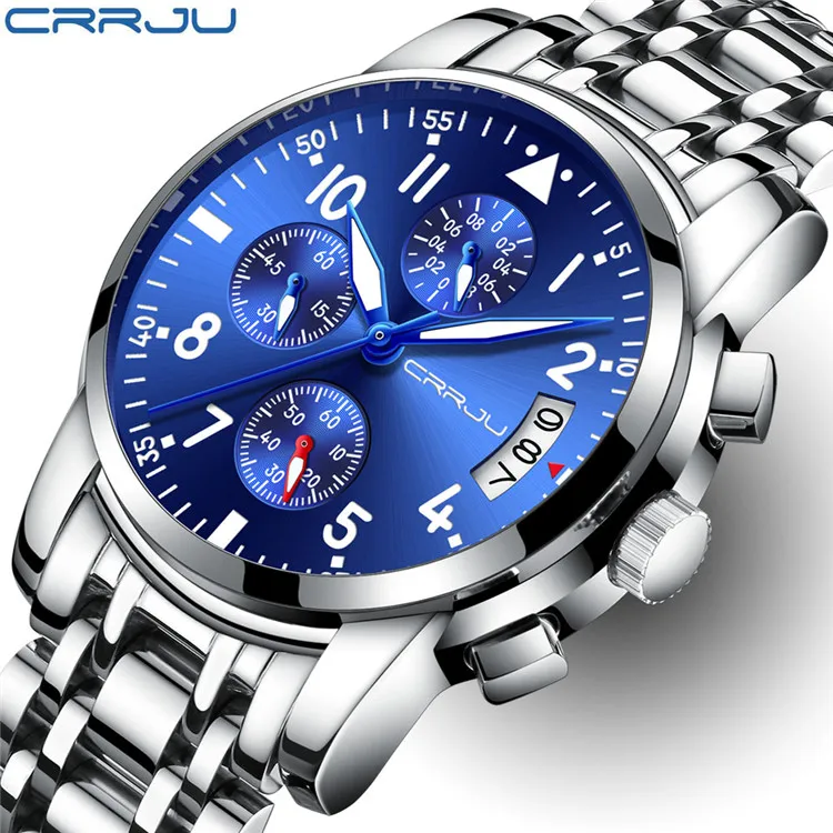 

CRRJU Sport Watch Men Quartz Military Casual Watches Men's Chronograph Wristwatch Army Waterproof Clock Men Full Steel Hour