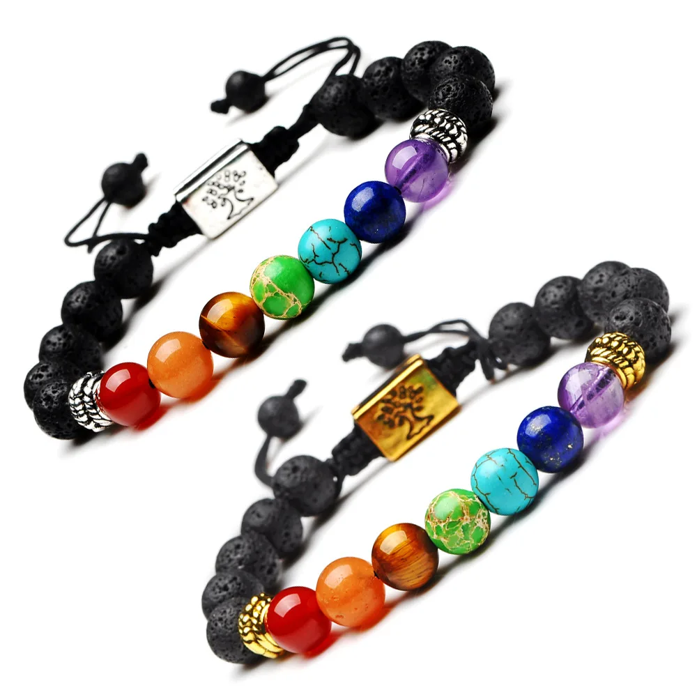 

7 Chakra Natural Stone Yoga Bracelet 8mm Lava Rock Braided Rope Healing Yoga Bracelet, N/a