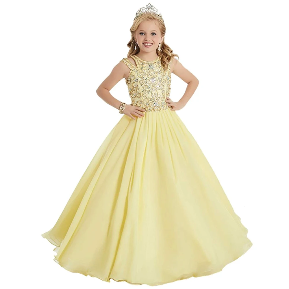 

OEM fancy little girls dress chiffon beaded pageant dress for girls long ball gown kids prom dress yellow, Picture color