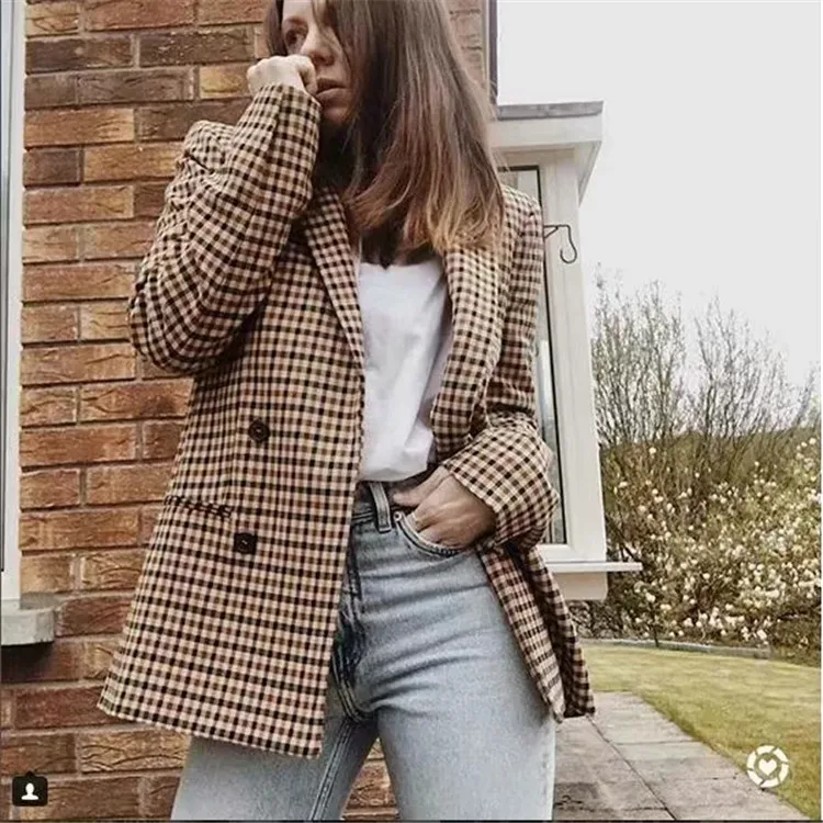 

British formal casual office Custom Suit Jacket Women Double Breasted Suit Plaid Coat check blazer Women tops