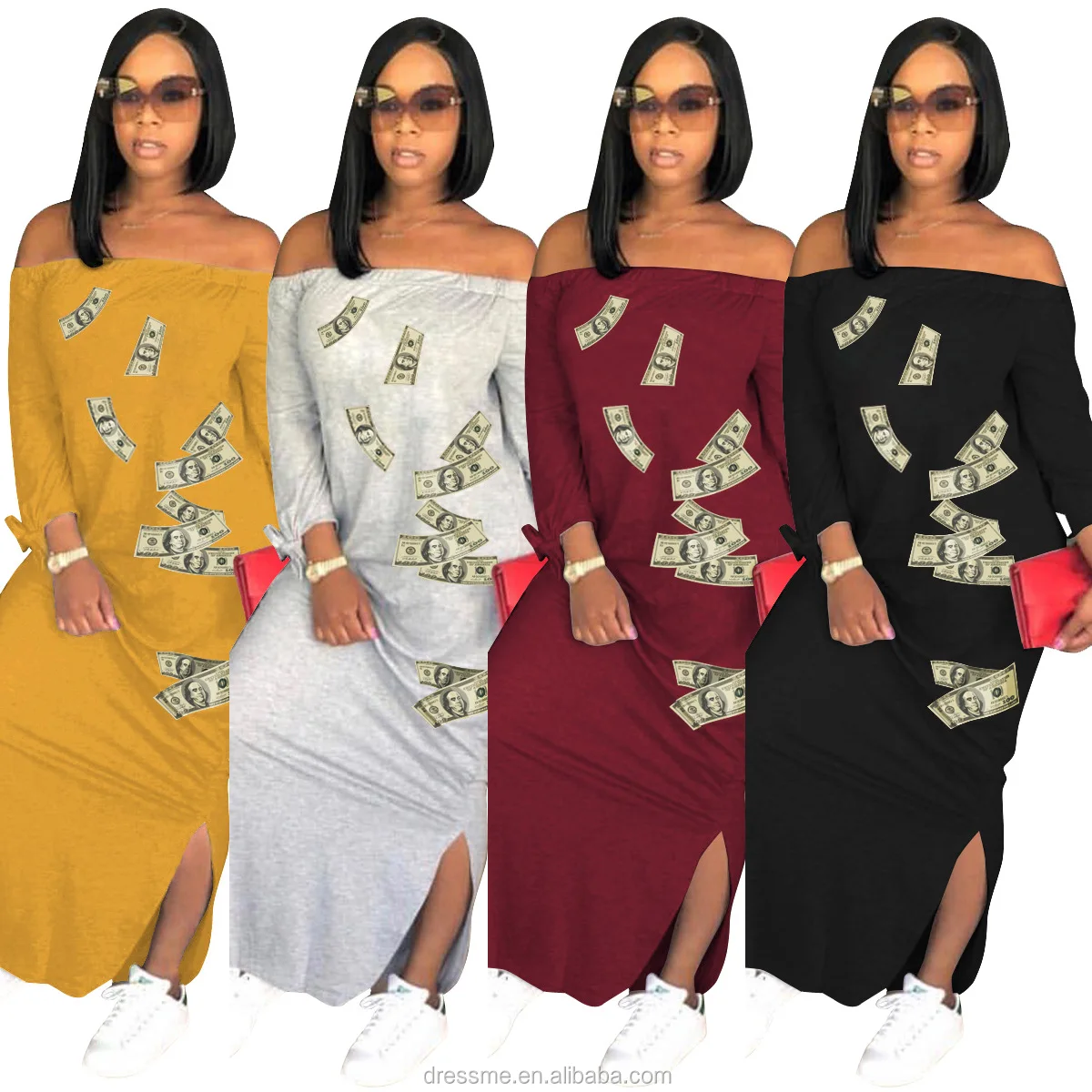 

M104 New Fashion Casual Solid Color Print Mid Dress