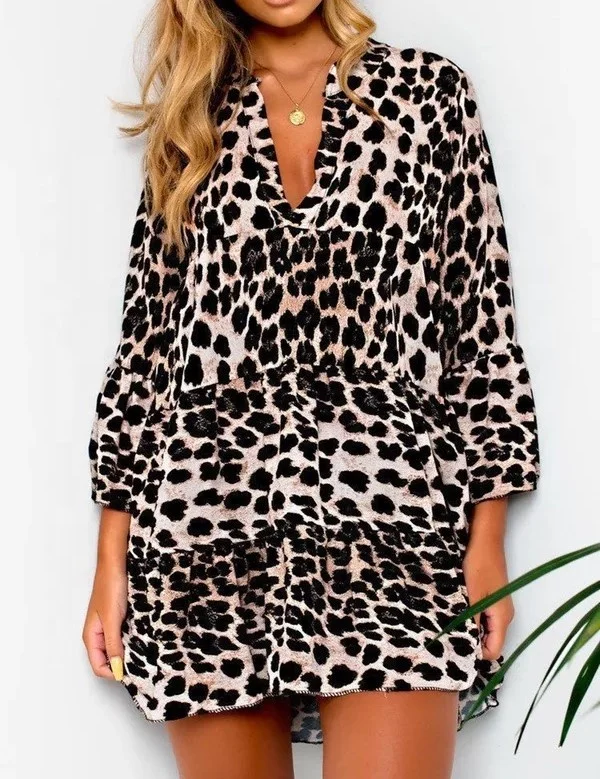 

E49 2018 Autumn Winter Women Dress Leopard Half Butterfly Sleeve V Neck Ruffles Hem A-line Dress Sexy Party Club Dresses Vestido, N/a