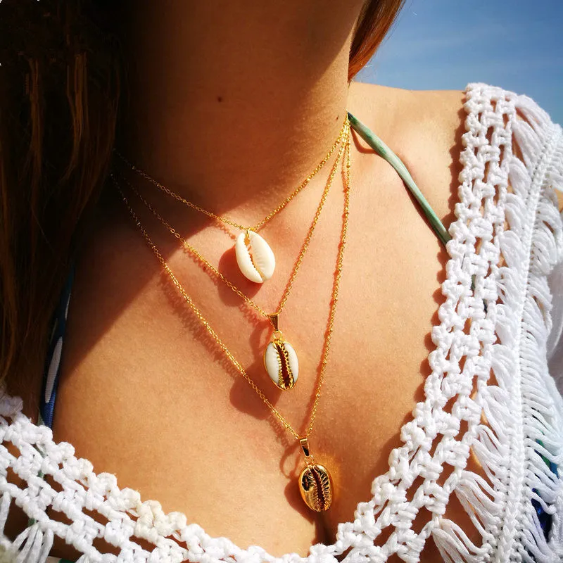 

Nature shell three layer pendant necklace Boho shell necklace for women