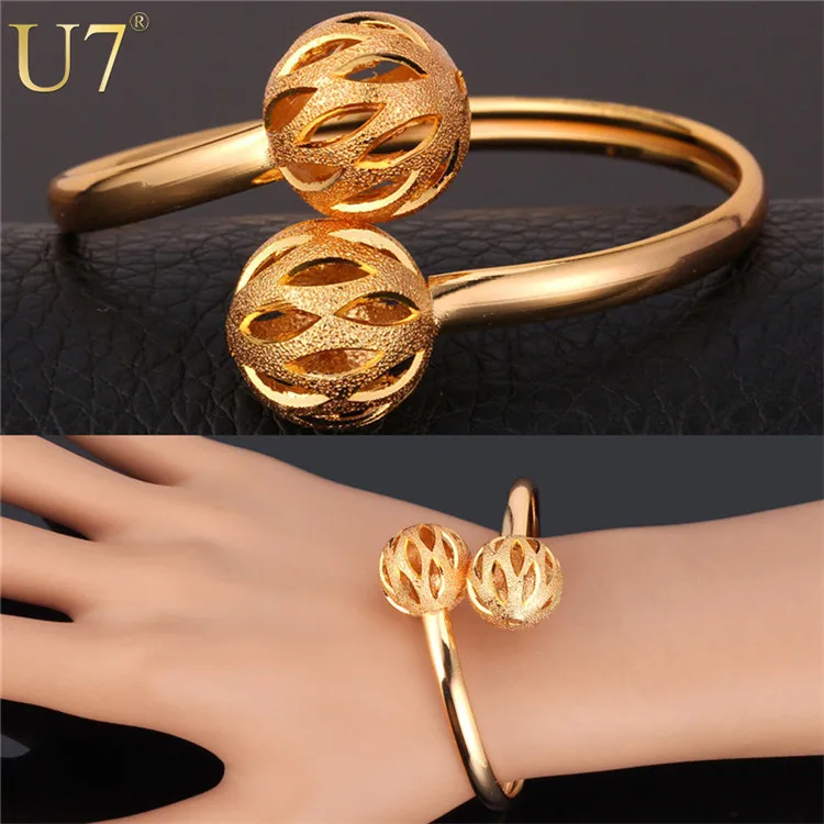 

U7 platinum couples bangle wedding femme jewelry gold plated men women carving ball cuff bracelet, Gold/silver color