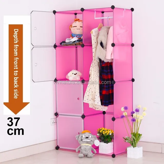 Pink Plastic Wardrobe Storage Box Cube With Clothes Rail Storage