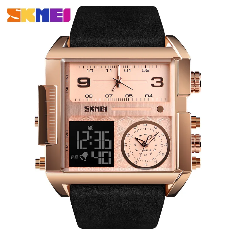 

Skmei 1391 Business Men's 3 Time Large Dial Japan Movt Square Wrist Watch Genuine Leather Band Electronic Watch, As the picture