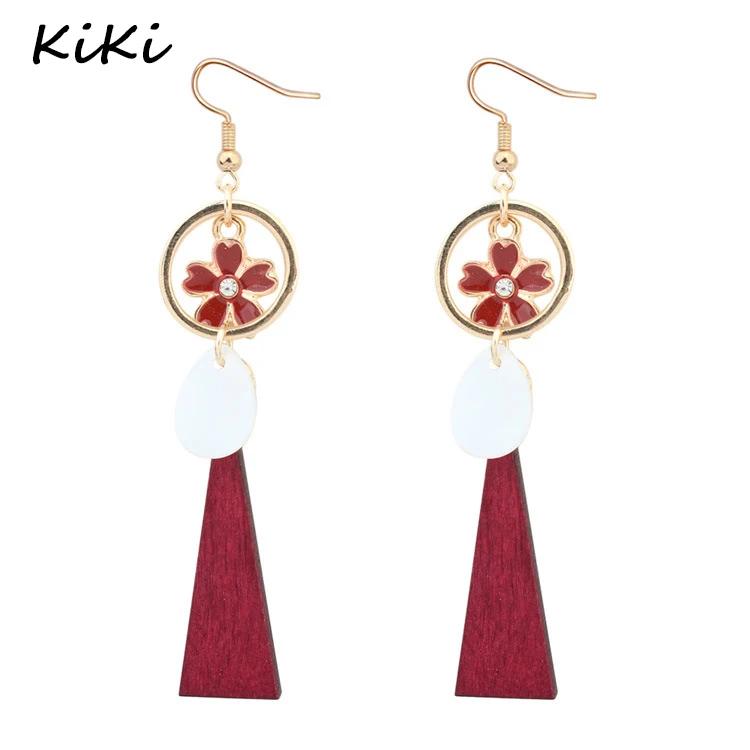 >>>KIKI JEWELRY Triangle Wood Enamel Flower Modern Long Gold Minimal Drop Earrings For Women Bijoux New Fashion Jewelry