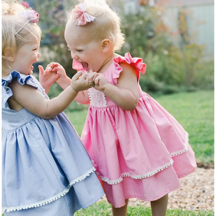 

cotton baby girl dress with flutter sleeve lace decor girls dress for summer girls birthday dresses, Pink,light blue,blue