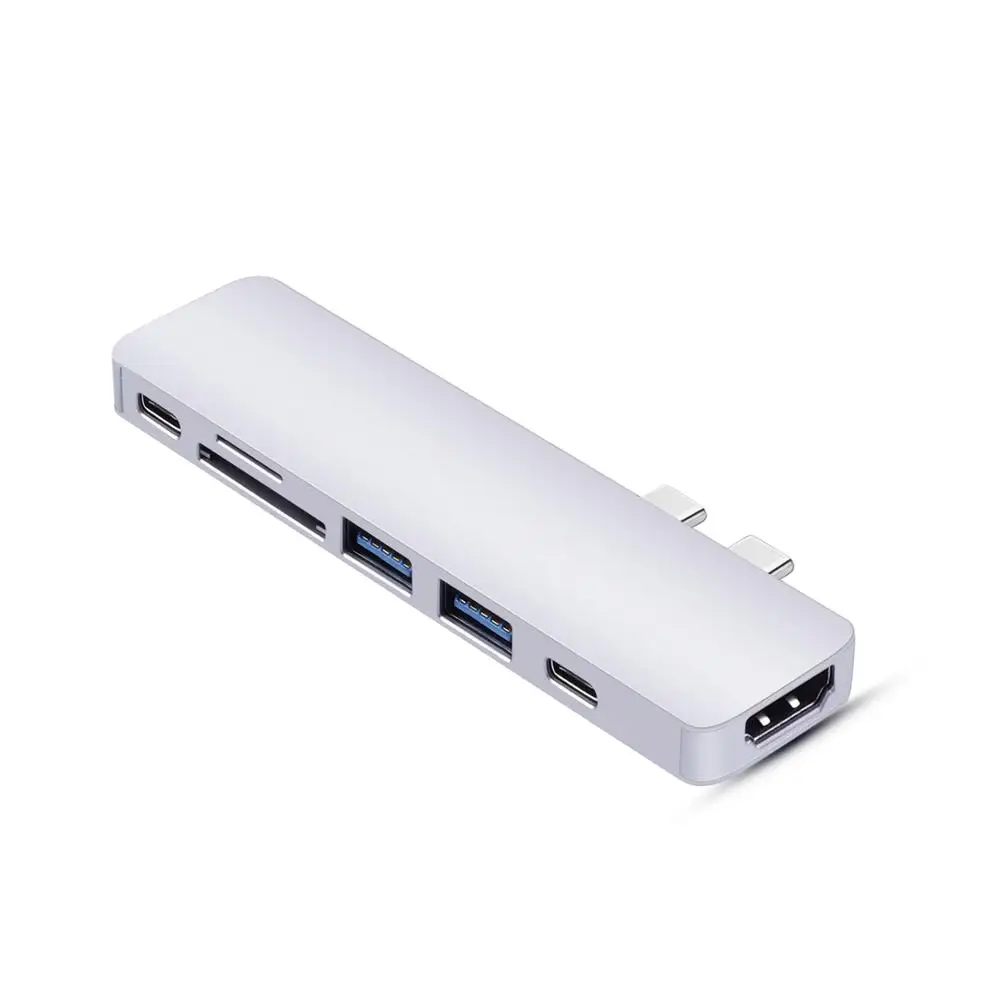 

USB HUB Type C Aluminium Alloy Thunderbolt 3 7 In 1 with HD MI PD*2 SD/TF Card Reader USB 3.0*2 For Macbook Pro, Black silver grey