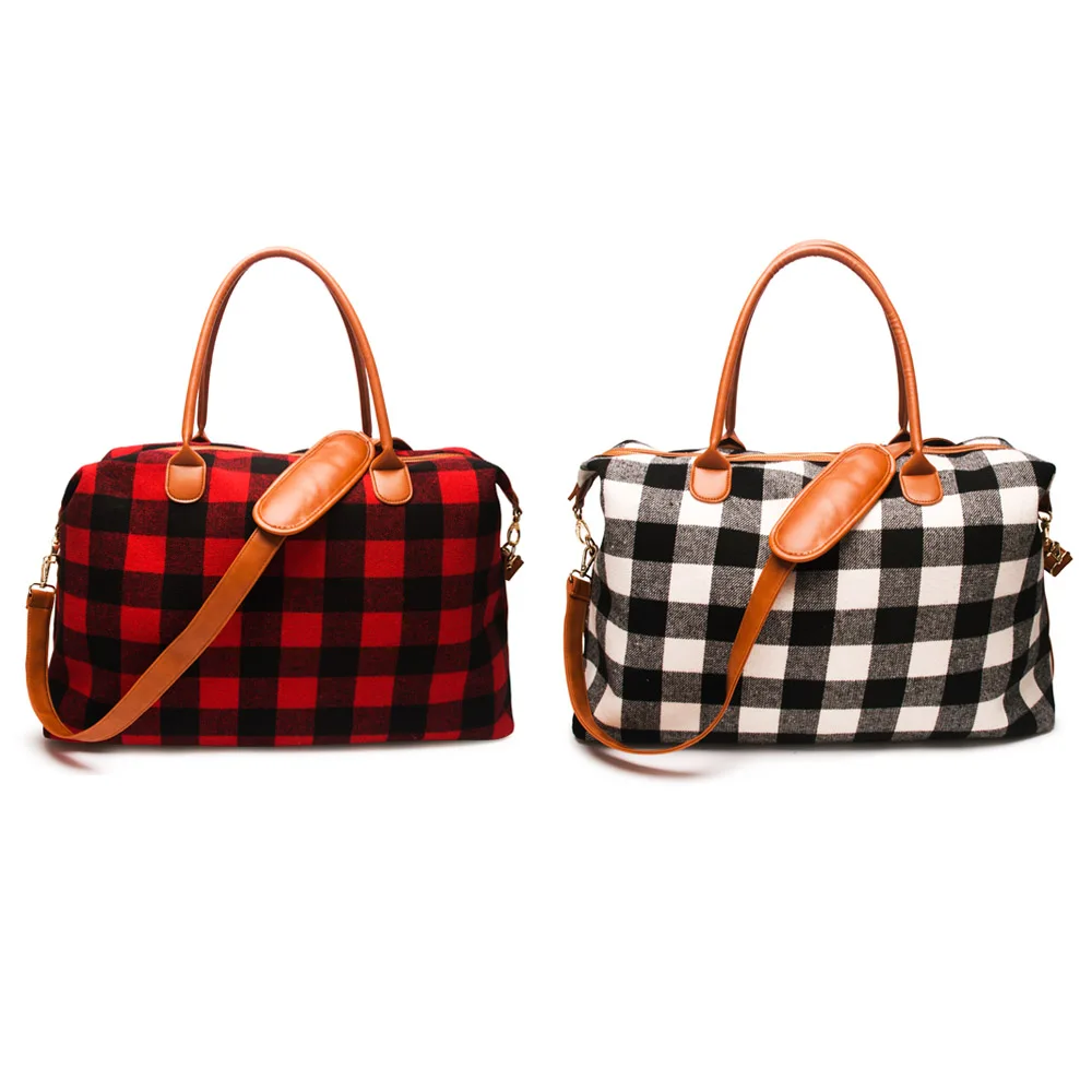 

O212 Plaid Large Capacity Travel Totes with PU Handle Sports Yoga Buffalo Check Handbag Storage Bags