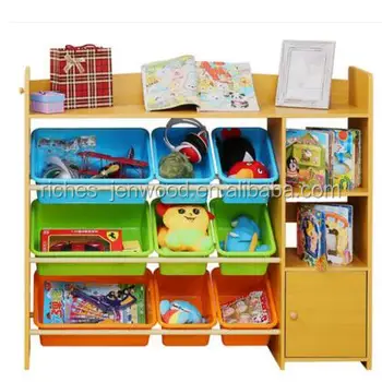 Functional Kids Wooden Book Shelf With 9 Plastic Bins Toy Storage