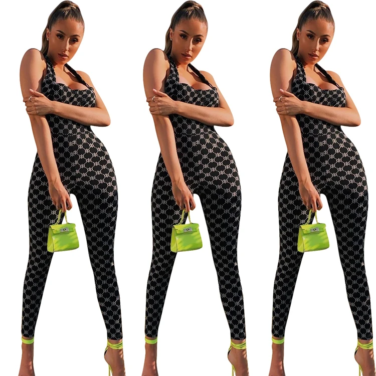 

0625M0640 Sexy sleeveless digital print halter bodycon top jumpsuit