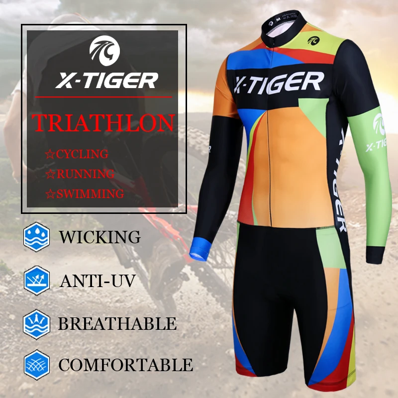 

X-Tiger Long Sleeve Triathlon for Running Swimming Cycling Compression Sponge Padded Spring MTB Bike Jersey Ropa De Ciclismo