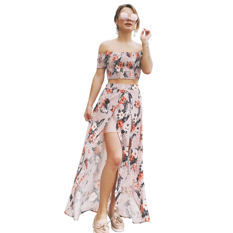 

Fashion casual two-piece suit, one-character shoulder short sleeve printed chiffon bohemian dress, N/a