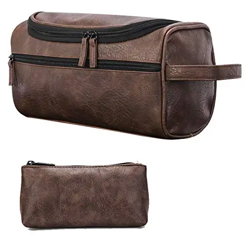 

Travel Shaving Kit Bag Waterproof Leather Wash Bag Toiletry Bag Men, Brown , customized color is available