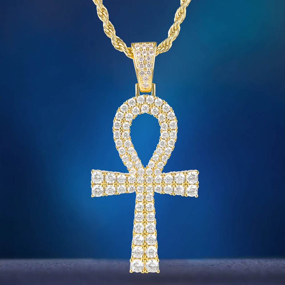 

KRKC Drop Shipping 1pcs Service Silver White 14k Gold Plated Ankh AAAAA CZ Diamond Cross Pendant Necklace, White gold