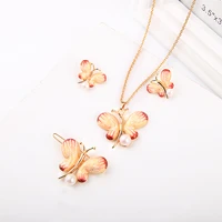 

xl01654d New Arrival Pearl Jewelry Designs Lovely Girl School Days Handmade Flower Enamel Butterfly Necklace Set