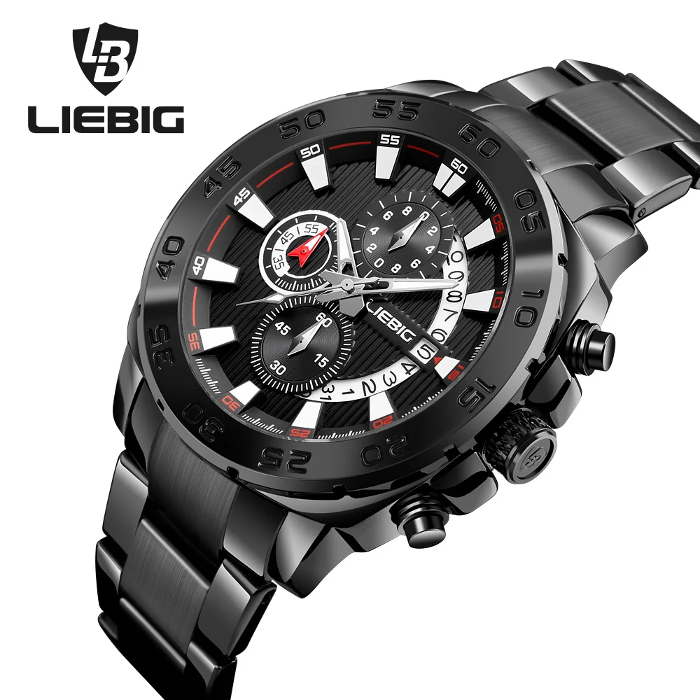 

2018 New Fashion 30 meters Stainless steel Time Calendar Stopwatch Sports Quartz Watch LIEBIG S204, Black;white