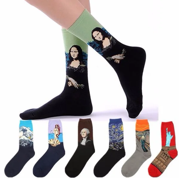 

Wholesale 3D Mona Lisa men socks oil painting trend starry sky cotton Funny vintage socks, As the pictures show