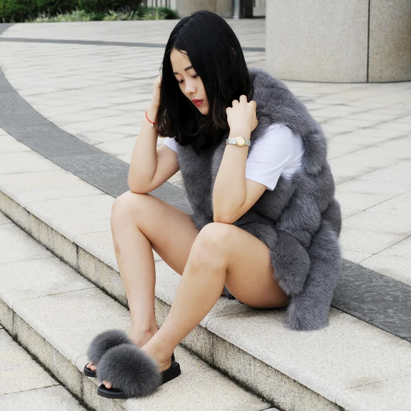 
CX-A-70F Cheap Genuine Fox Fur Decorative Slippers Home Shoes 