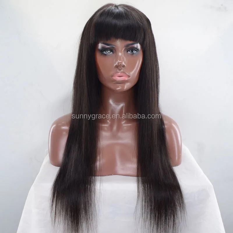 

Wholesale Brazilian Human Hair Full Lace Wig For Black Women with bangs silk staight natural color, N/a