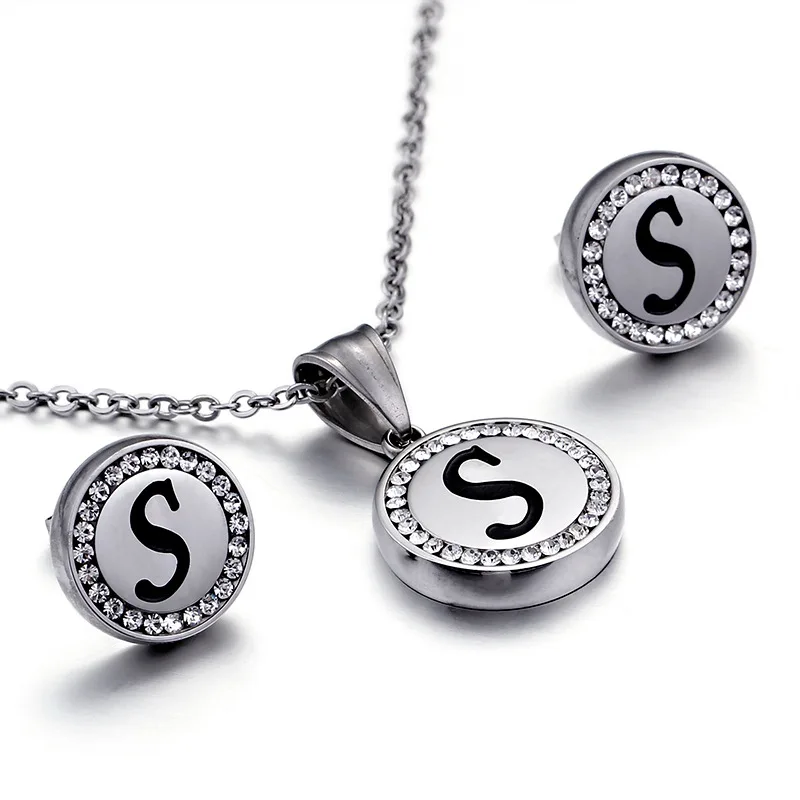 

crystal stainless steel letter jewelry set alphabet necklace earring set jewellery no allerge no fade joias jewelry