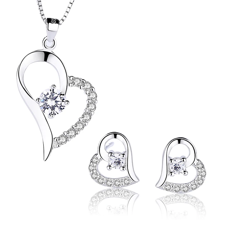 

Classic Sterling Silver Heart Zircon Pendant Necklace And Stud Earrings High Quality Diamond Zircon Jewelry Set