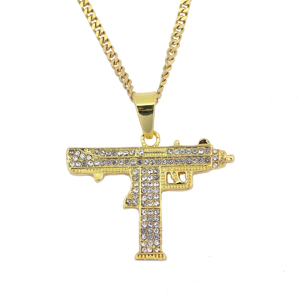 

Fashion Personalized 18K Gold Plated Uzi Necklace Men's Hips Hops Iced Out Pave Crystal Uzi Gun Pendant Necklace, Silver, gold
