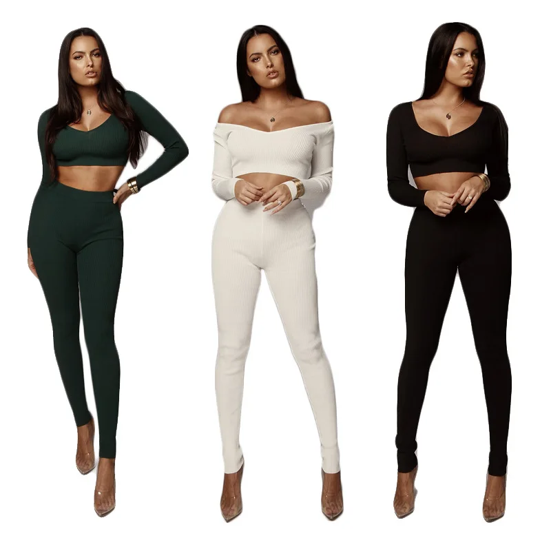 

low price fashion knitting two piece set women clothing plus size 2019, Black;green;white