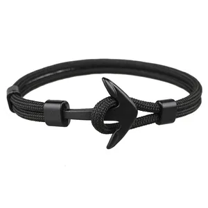 2019 New Fashion Black Color Anchor Bracelets Men Charm Survival Rope Chain Paracord Bracelet Male Wrap Metal Sport Hooks
