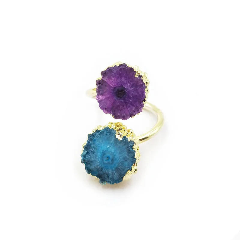 

Adjustable Natural Gold Plated Adjustable Ring Double Drusy Geode Druzy Jewelry Two Stones Flower Solar Rings