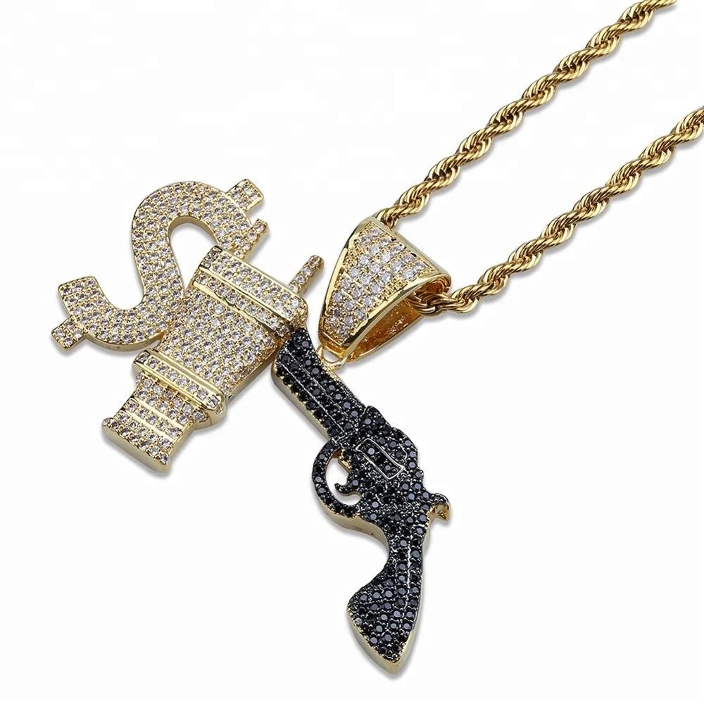 

New Dollar Sign Plug With Gun Iced Out Pendant Necklace, Gold