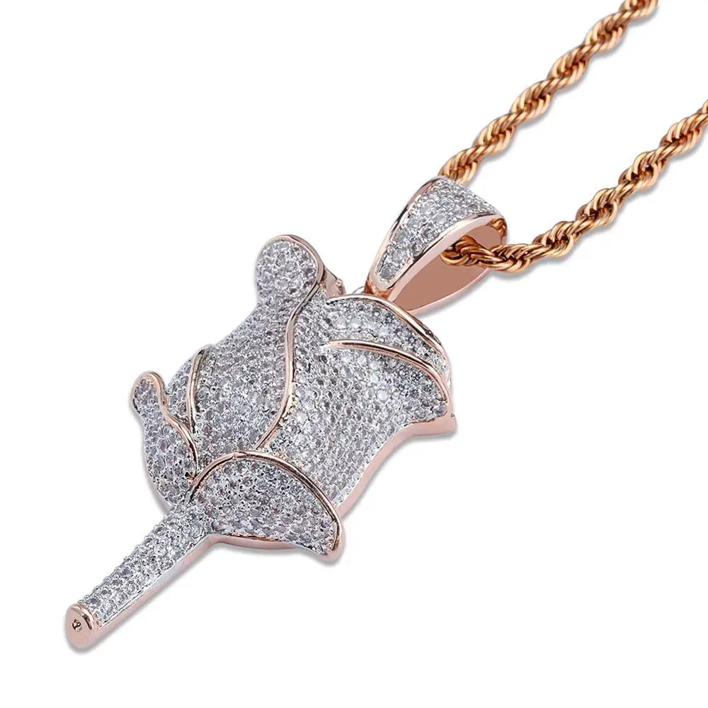 

Hip Hop Jewelry Gold Silver Rose gold Micro Inlay Powder Zirconium Ice Cream Rose Pendant Valentine's Gift Necklace