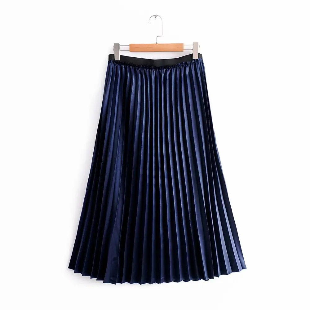 New fashion solid color glossy pleated skirt casual woman long skirt
