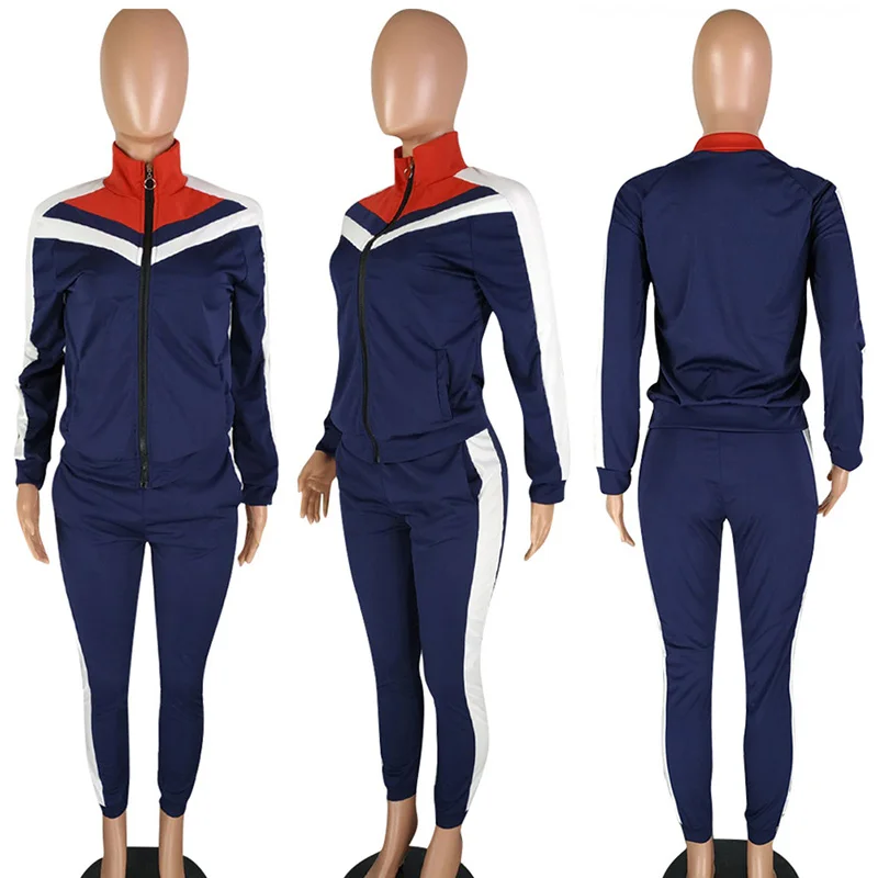 women's fashion casual front zipper up suit color block stitching sports wind two-piece tracksuits