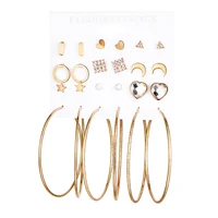 

Mix Charm Geometric Stud Earrings Set For Women Crystal Heart Triangle Big Round Hoop Star Moon Earrings (KES039)