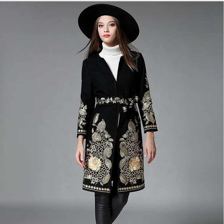 

B40992A 2017 autumn new design women long embroidery coat wool coat, Black