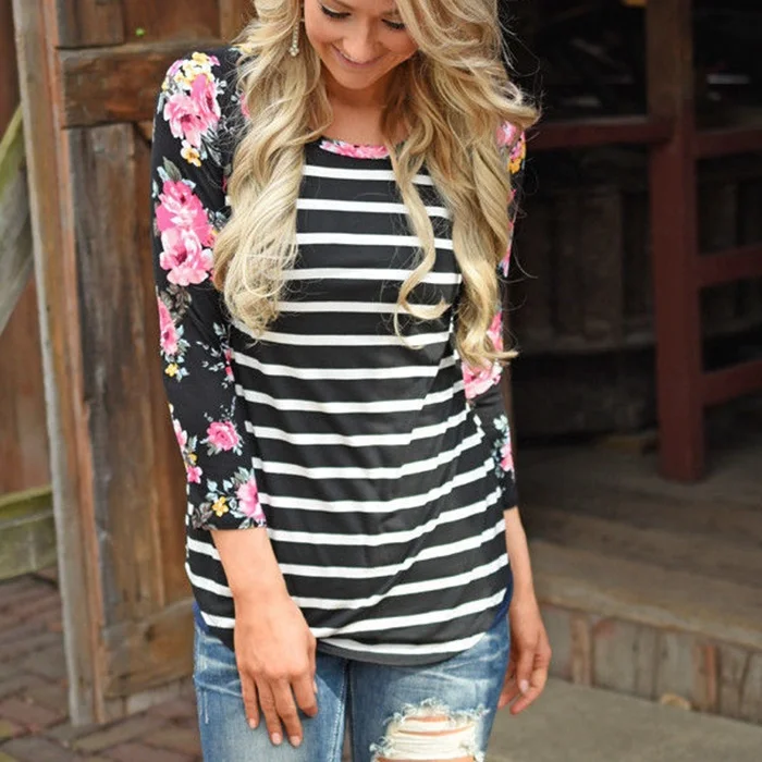 

New Striped Stitching Print Slim T-shirt Female