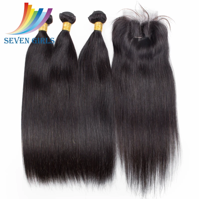 Natural color Straight Brazilian human hair three pieces hair bundles and one piece lace closure